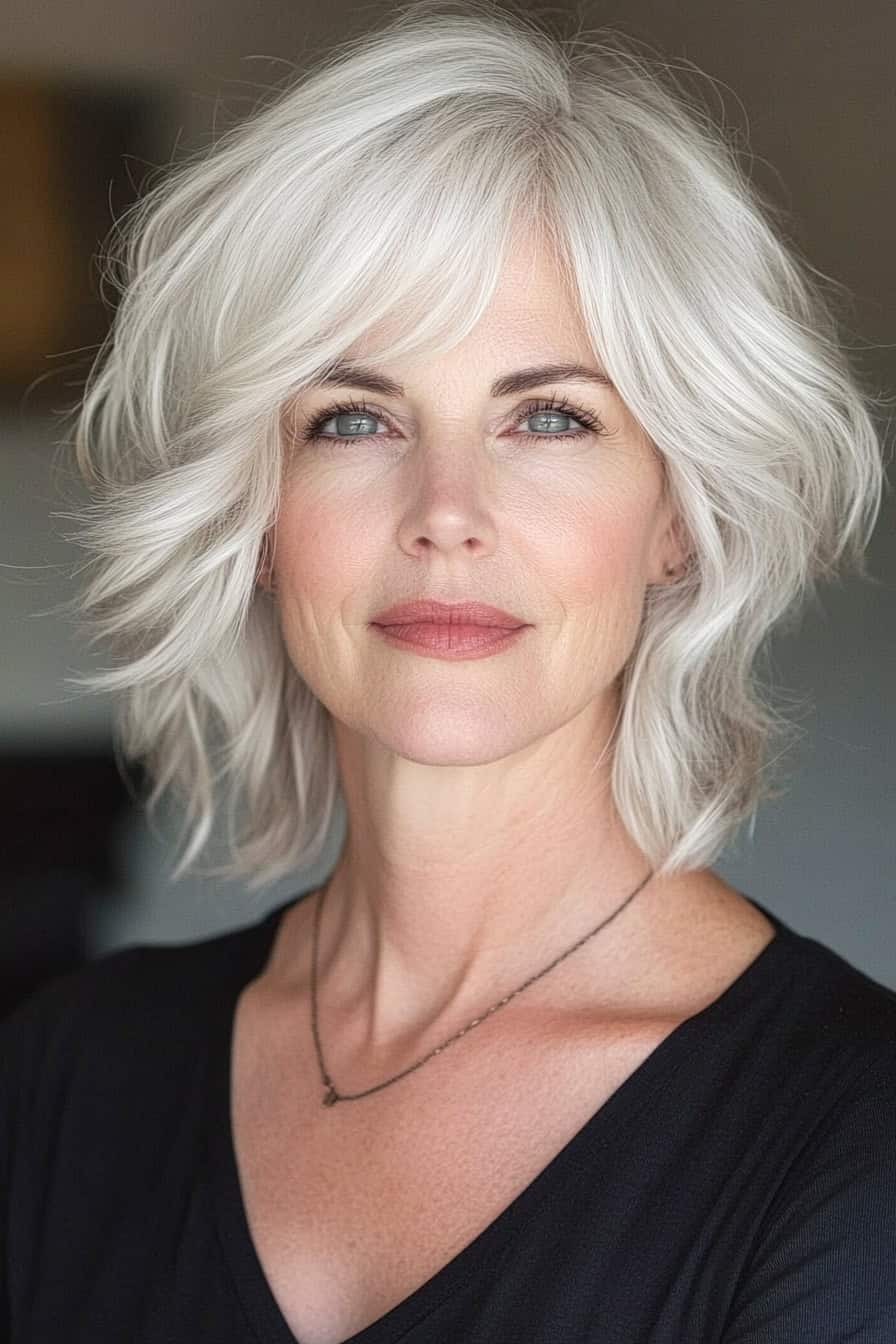 Woman with silver wavy hair styled in a timeless textured shag, adding volume and definition to her fine hair.