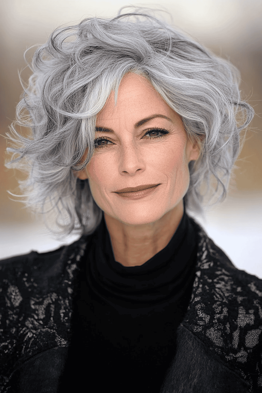 Graceful mature woman with silver curls, confident smile, and elegant black outfit on display.