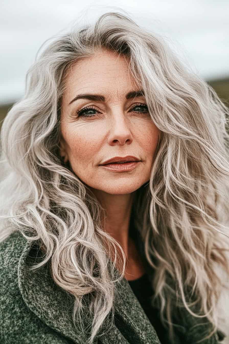 Woman with silver wavy hair styled in effortless beachy waves, adding volume and a relaxed glamour to her look.