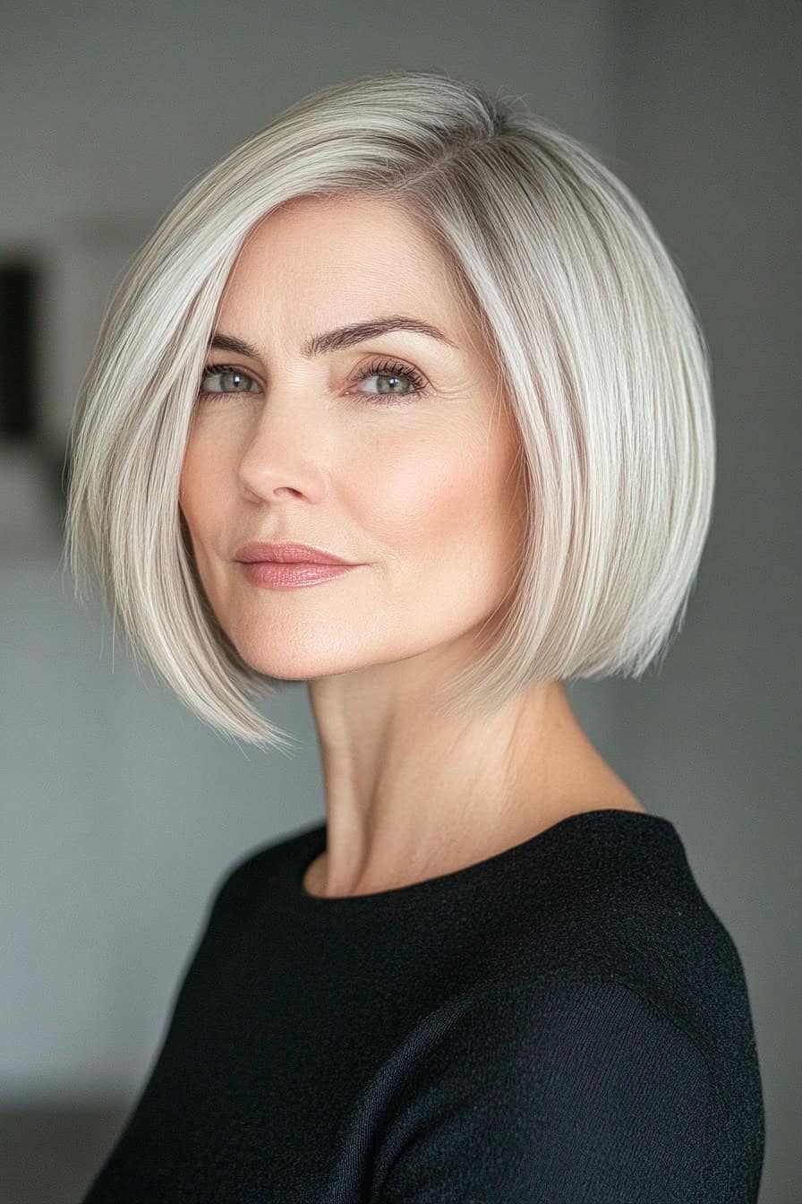 Woman with silvery blonde bob showcasing a timeless A-line haircut, adding volume and sophistication to her fine hair.