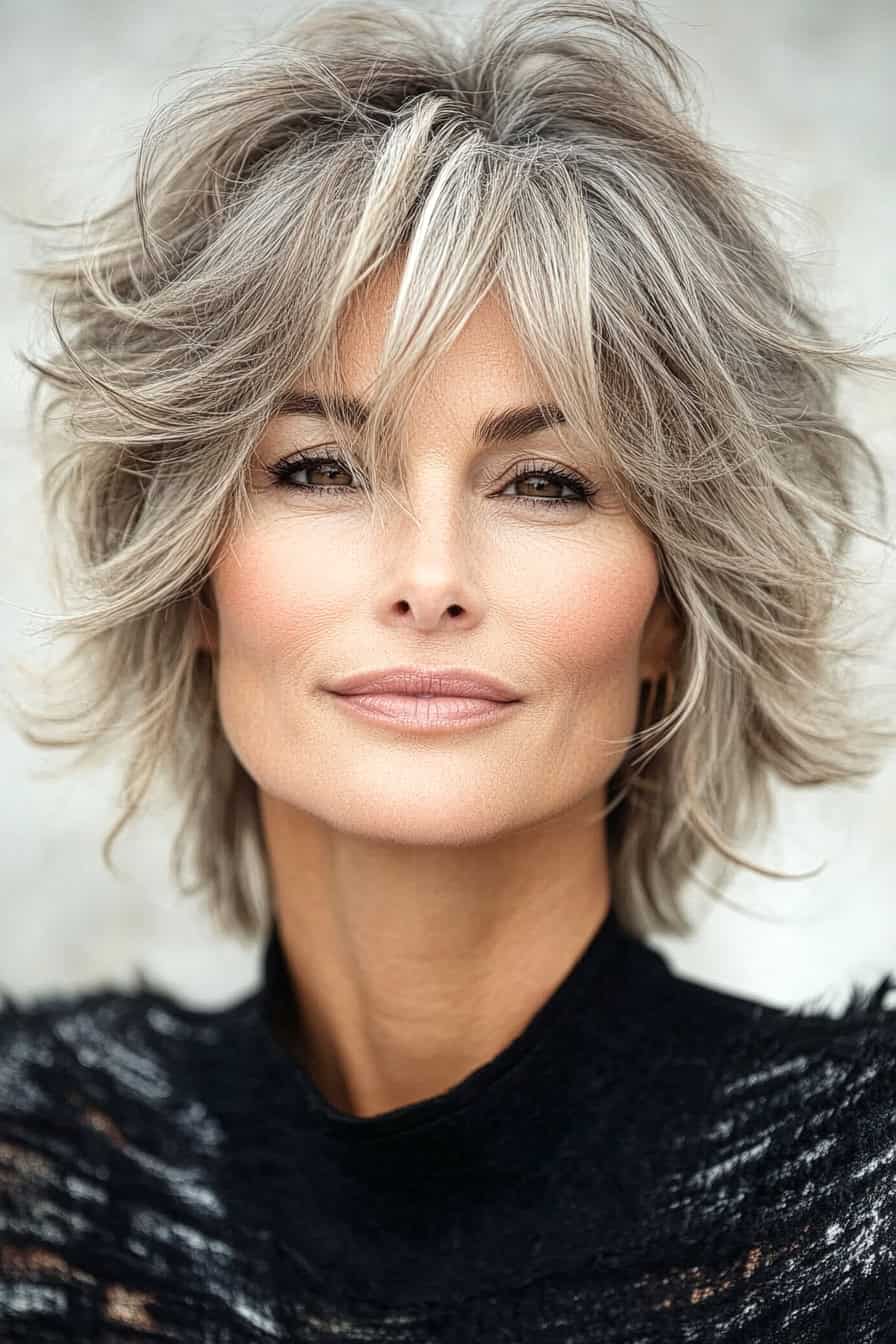 Woman with silvery blonde hair styled in a textured shag, adding depth and volume to her fine hair.