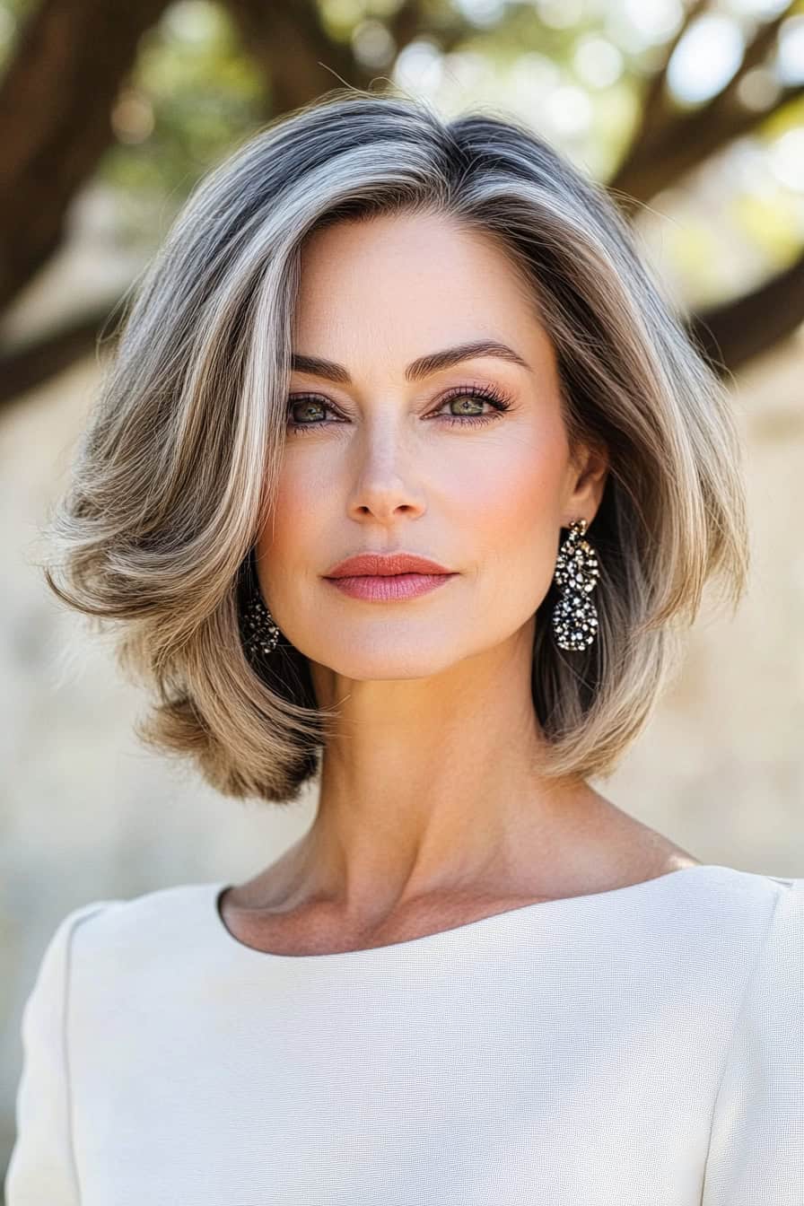 Woman with silvery blonde waves styled in a soft-edged bob, adding versatility and volume to her fine hair.