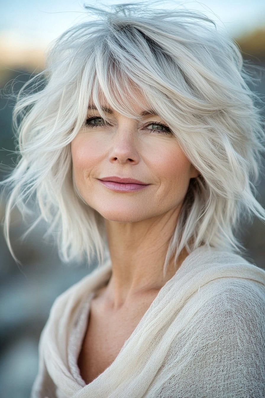 Woman with silvery layered haircut styled in a lightweight shag, adding volume and movement to her fine hair.