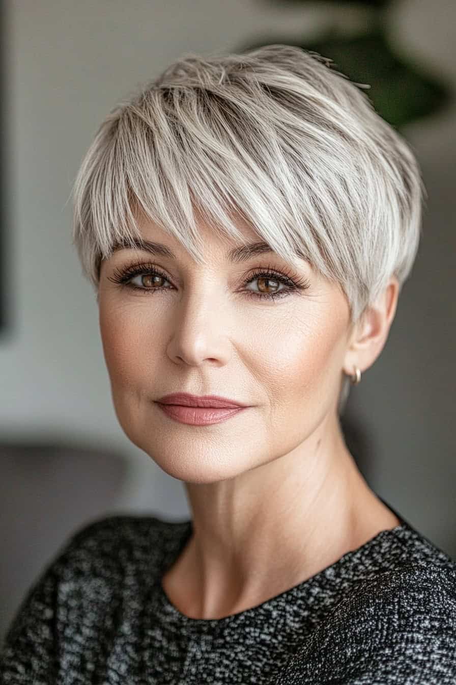 Woman with silvery pixie cut hairstyle featuring side-swept bangs, adding sleekness and volume to her look.