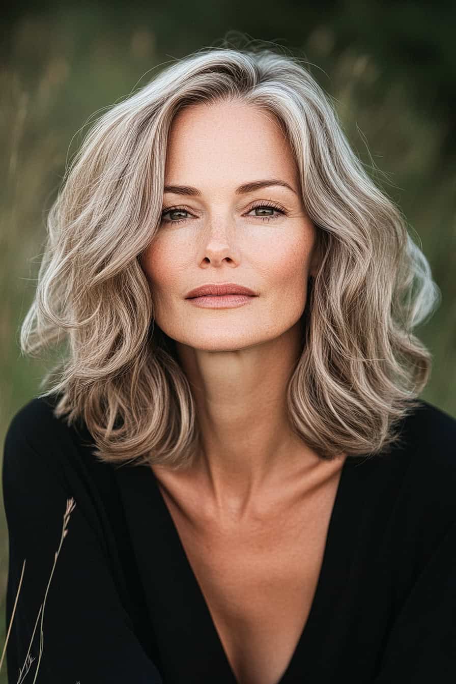 Woman with a classic lob styled with subtle silvery waves, enhancing volume and elegance.