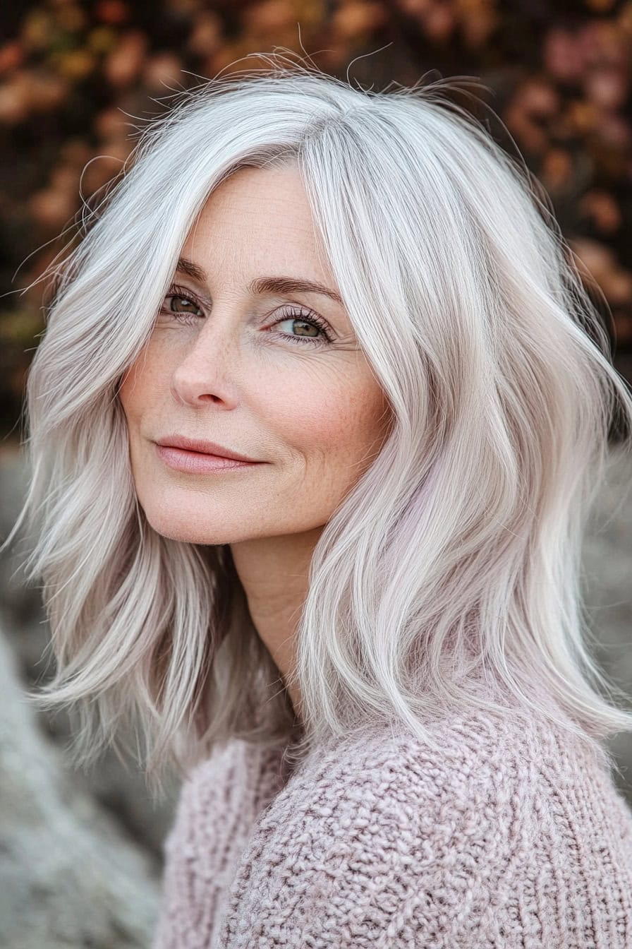 Woman with silvery wavy hair styled in soft pastel colors, adding a playful and youthful vibe to her look.