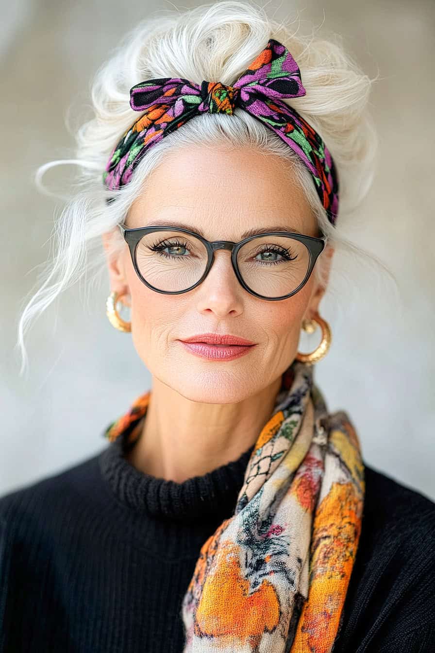 Woman with silvery white updo hairstyle accented with a stylish headband, enhancing her glasses and adding a chic finish to her look.