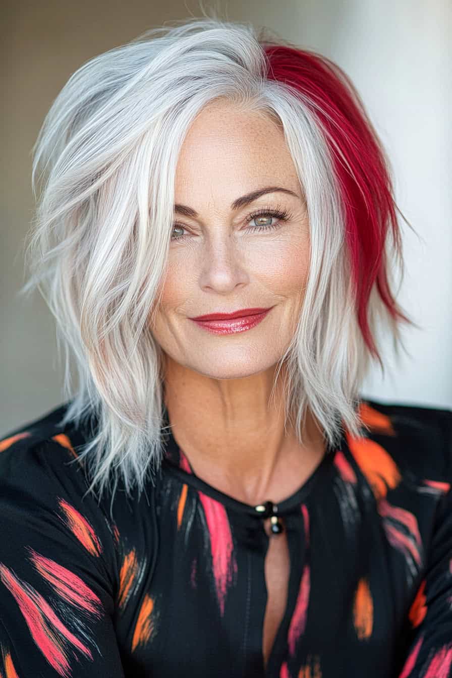 Woman with silvery white wavy hair styled in a statement color-blocked bob, adding volume and bold color contrasts.