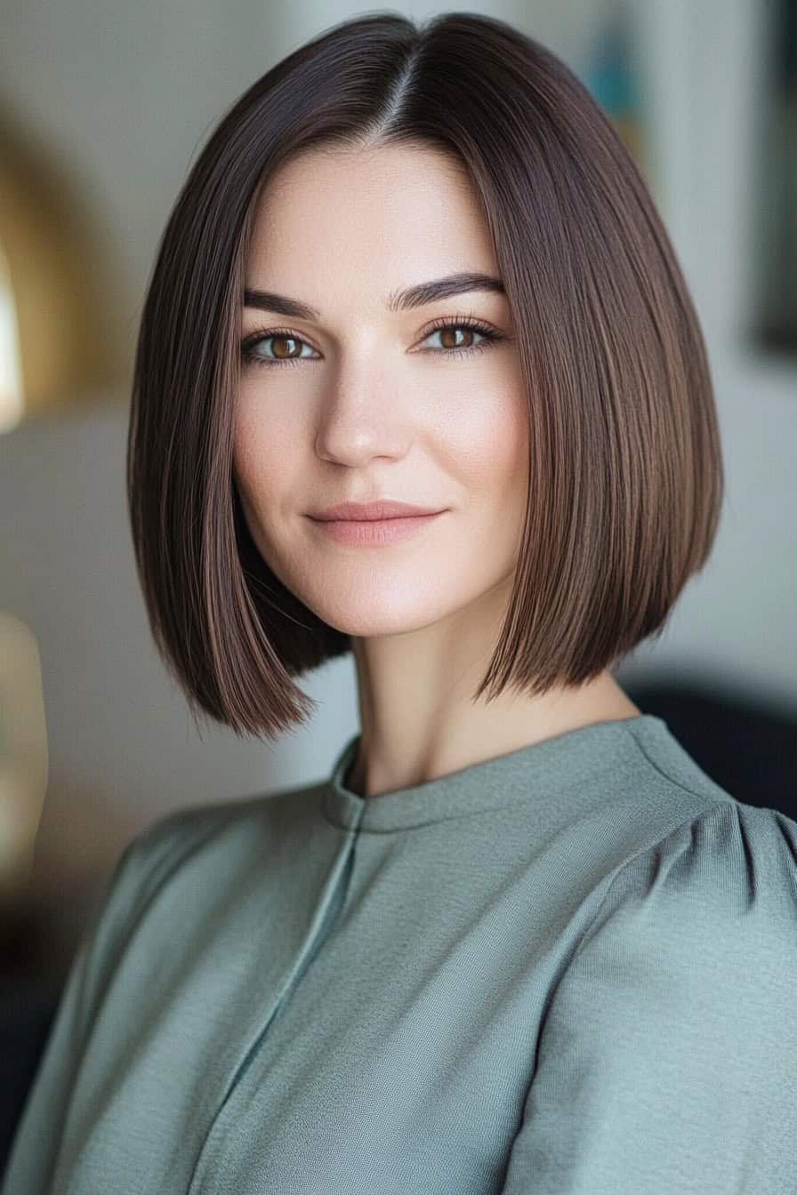 Elegant young woman with a sleek bob hairstyle, warm brown eyes, and stylish light green top.