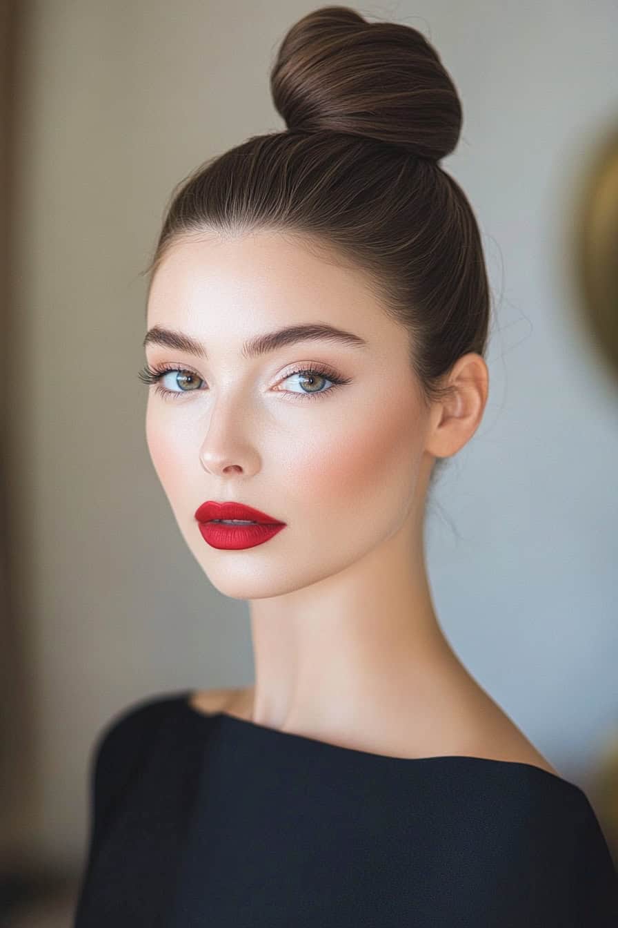 Woman with sleek high bun hairstyle, exuding elegance and sophistication for formal events.