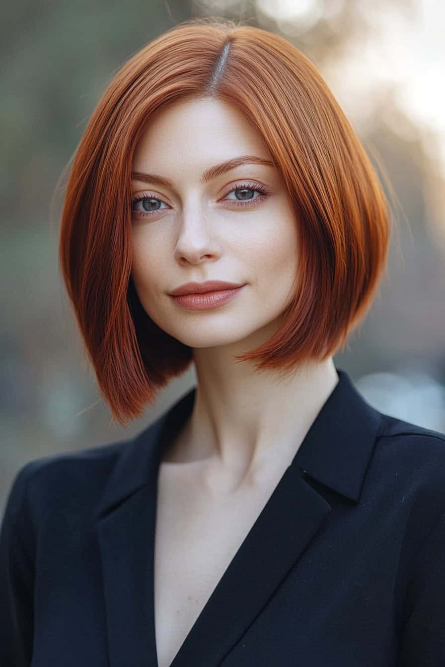 Woman with sleek red haircut styled in a blunt bob that offers a chic and polished edge to thick hair.