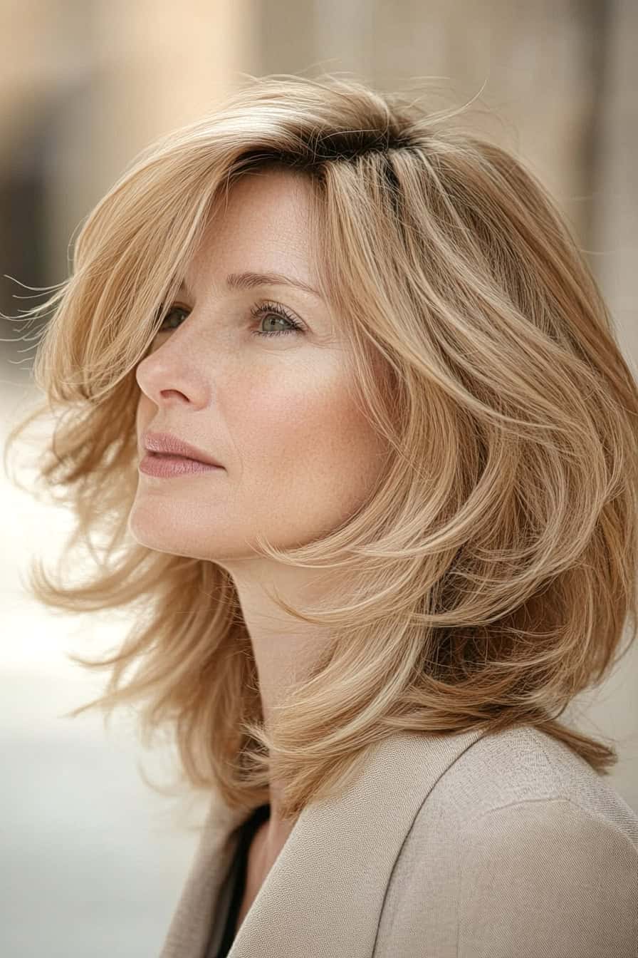 Woman with softly layered shoulder-length blonde hair, adding natural body and fullness.