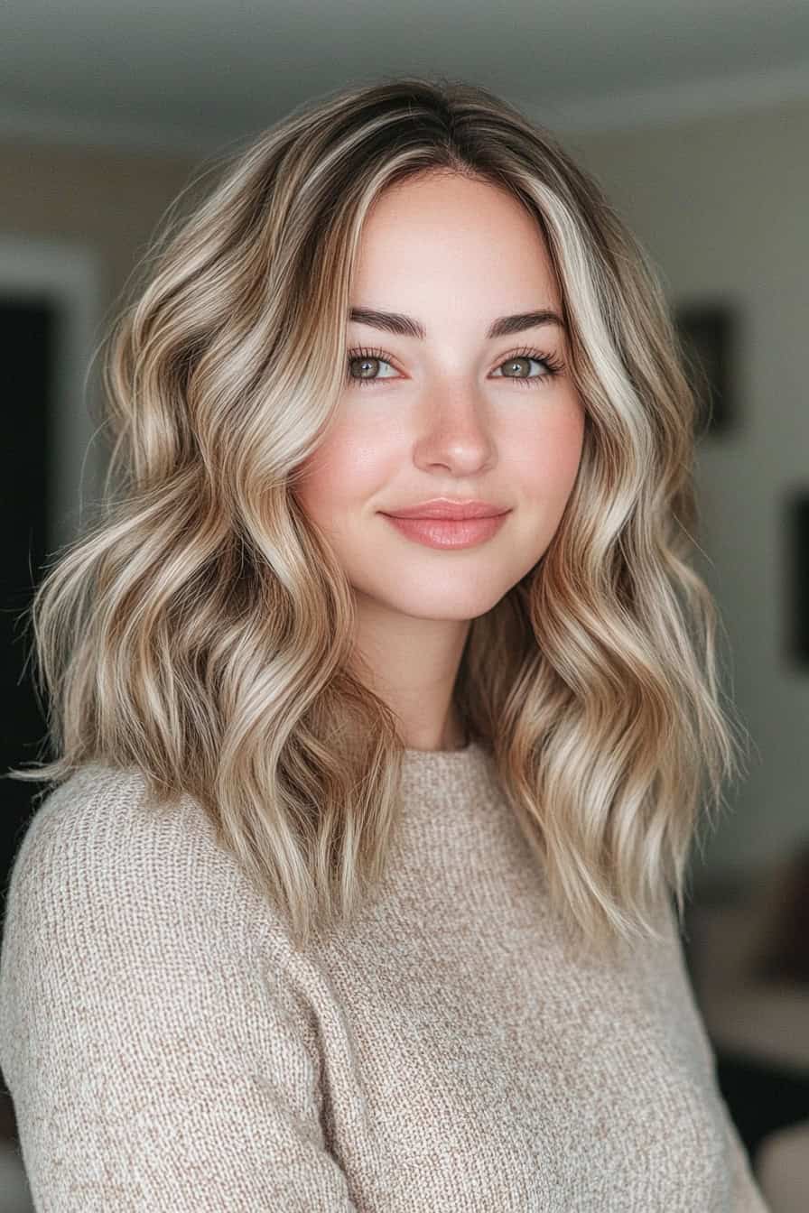 Woman with soft blonde waves styled in medium length beach waves, adding volume and enhancing an oval face.