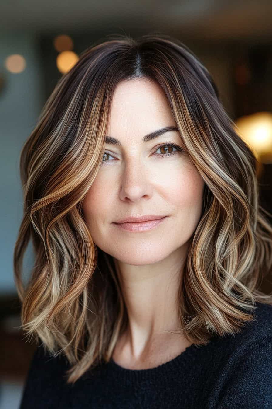 Woman with soft brown curls featuring subtle highlights, adding natural dimension and brightness to her medium-length hairstyle.