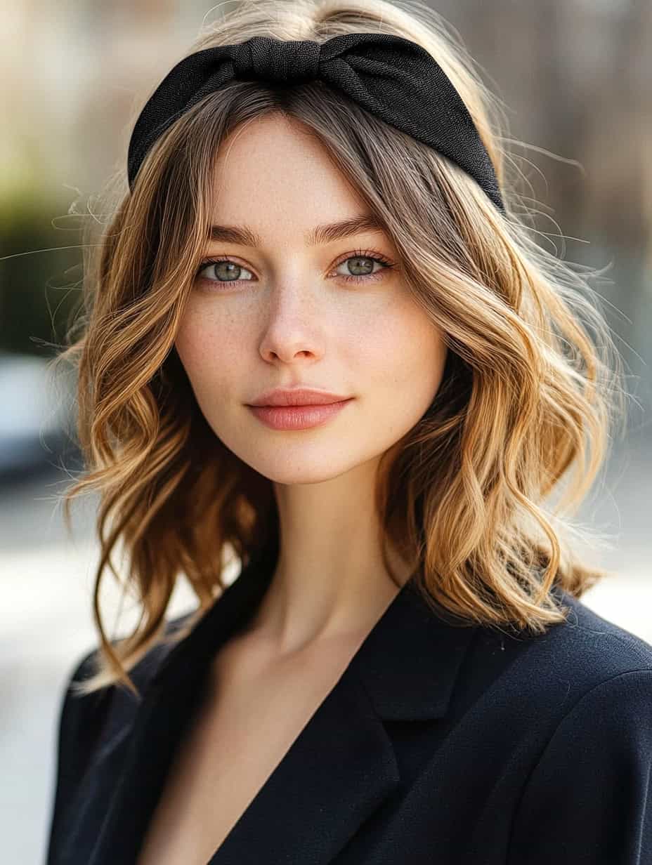 Woman with soft curls and headband styled in a simple tucked-in hairstyle, perfect for an oval face.