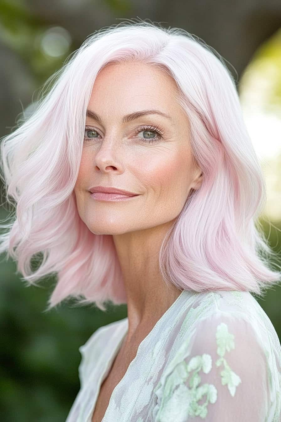 Woman with soft pastel pink curls, adding a playful and ethereal twist to her medium-length hairstyle.