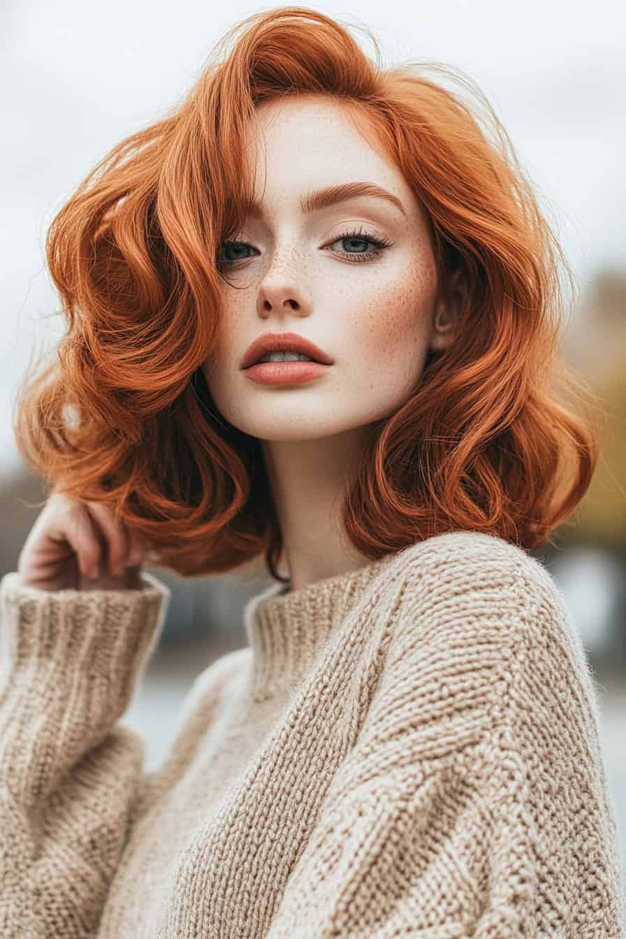 Young woman with voluminous red hair and cozy sweater in a serene outdoor setting.