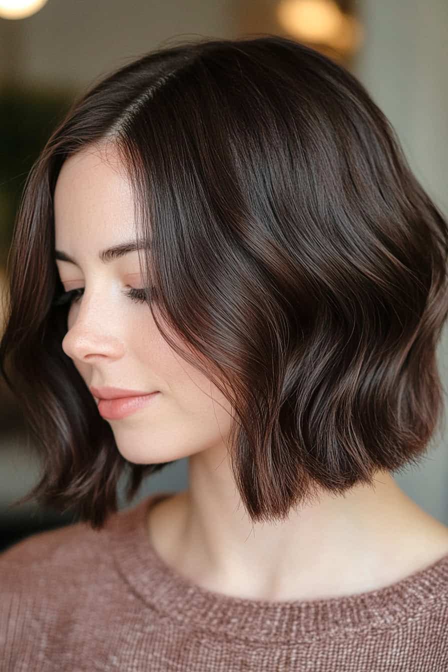 Woman with soft waves bobcut styled in textured brunette layers for an elegant look.