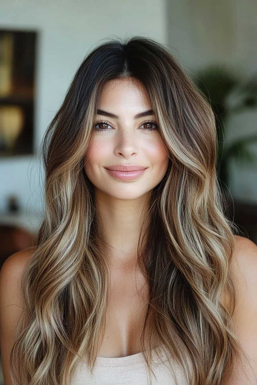 Woman with soft dark and golden waves, showcasing long layered waves for an oval face.