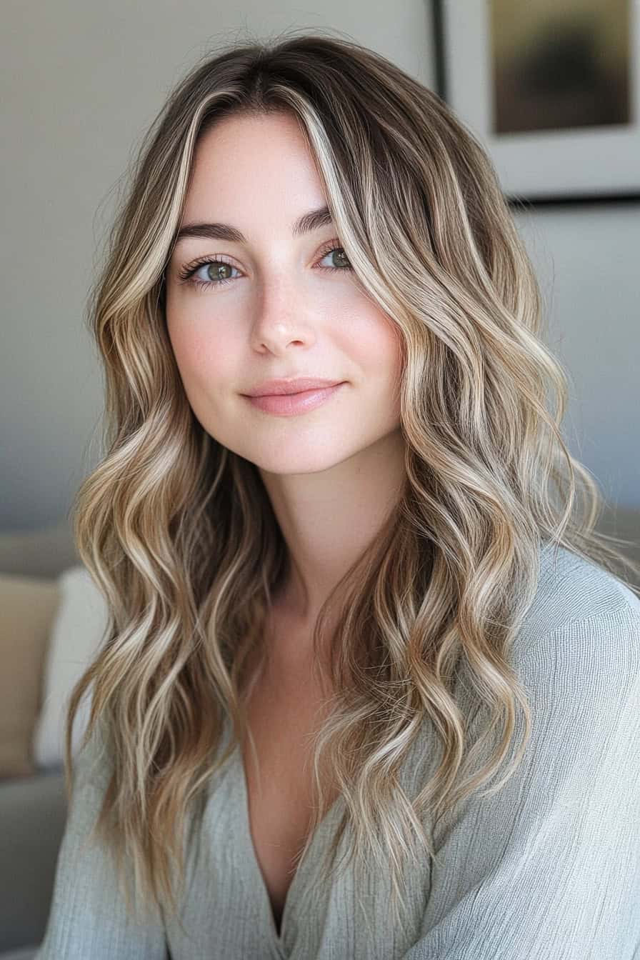 Woman with sunkissed wavy hair styled using natural hair extensions, blending seamlessly for a natural beach wave look.