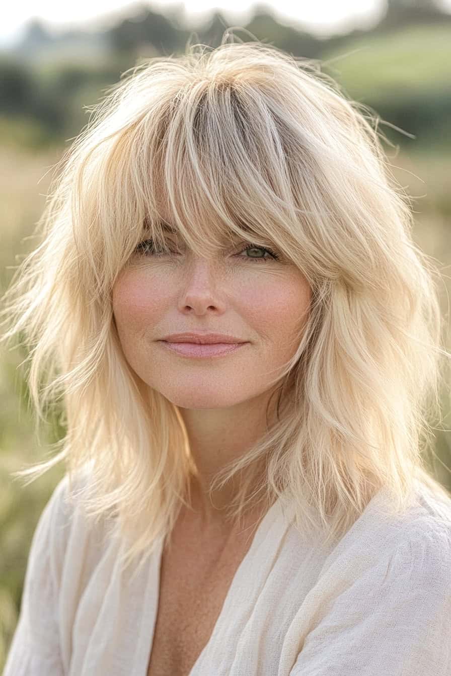 Woman with tousled blonde hair styled with long bangs and a soft shag, adding volume and a romantic touch to her fine hair.