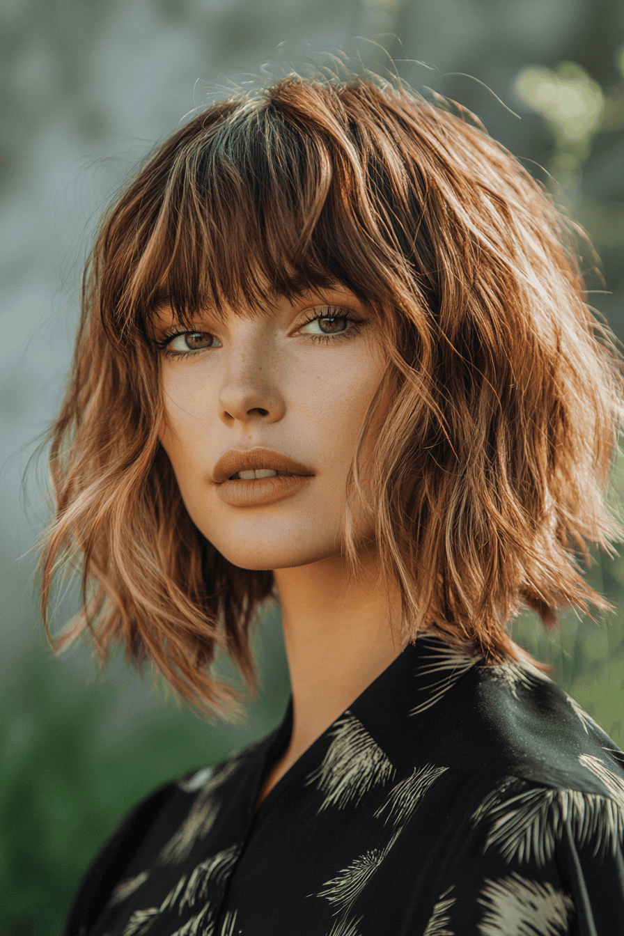 Young woman with voluminous hair and natural makeup against a tranquil, nature-inspired background.