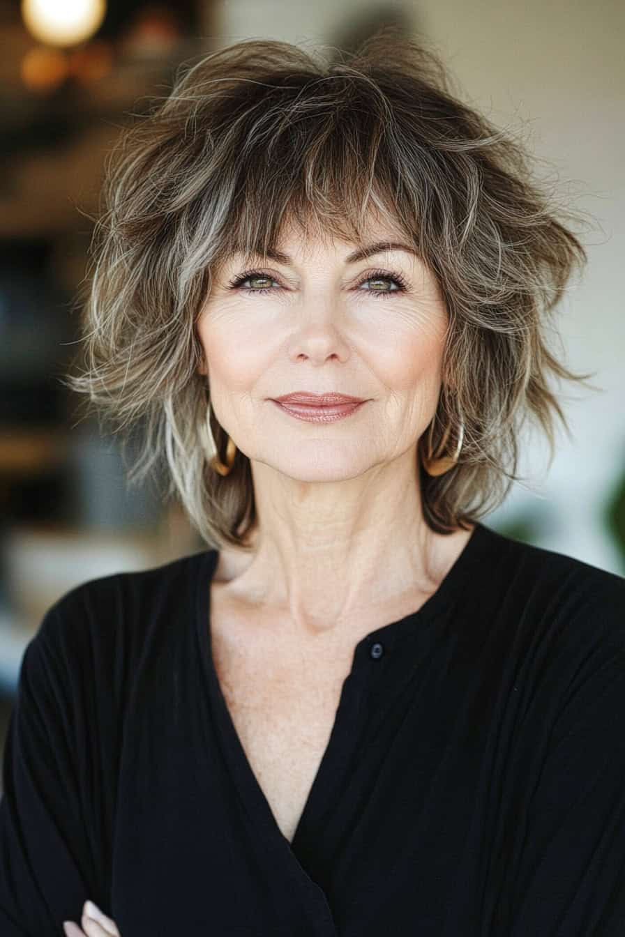 Woman with tousled hair styled in a short bangs messy shag, adding volume and an edgy look to her fine hair.