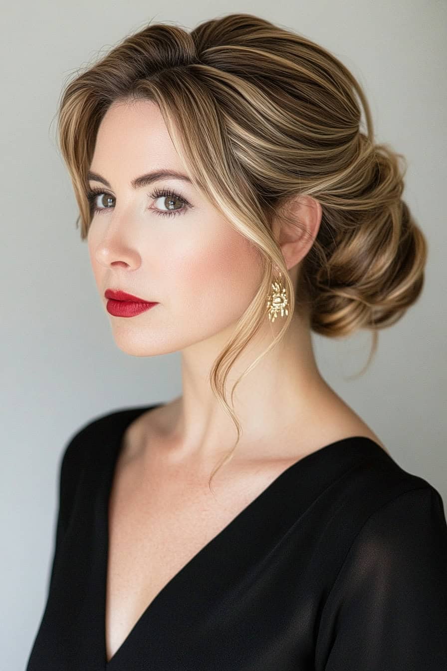 Elegant woman with updo hairstyle, bold red lips, and chic black outfit exudes sophistication.