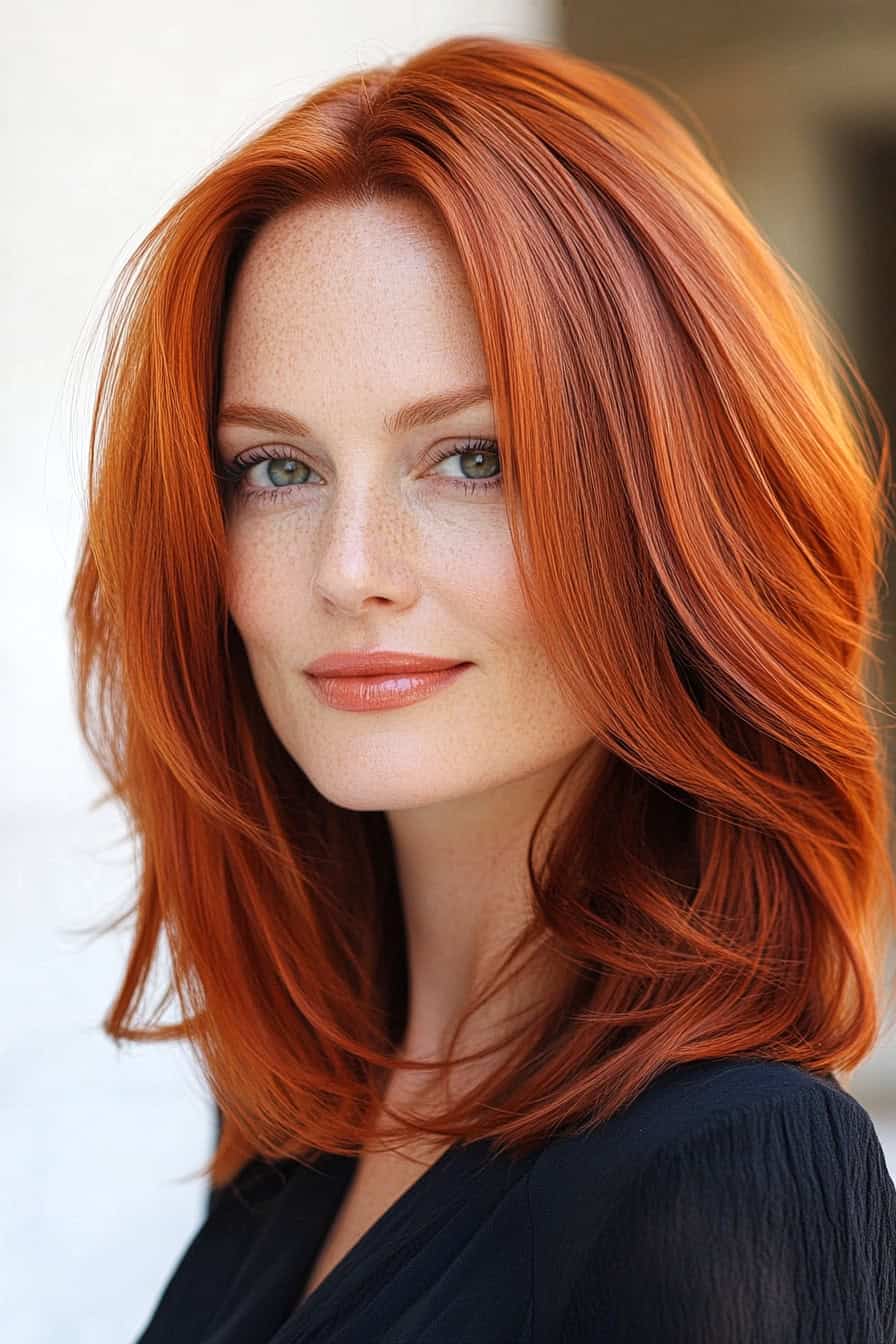 Woman with sleek medium cut featuring vibrant auburn waves, offering a polished and stylish appearance.