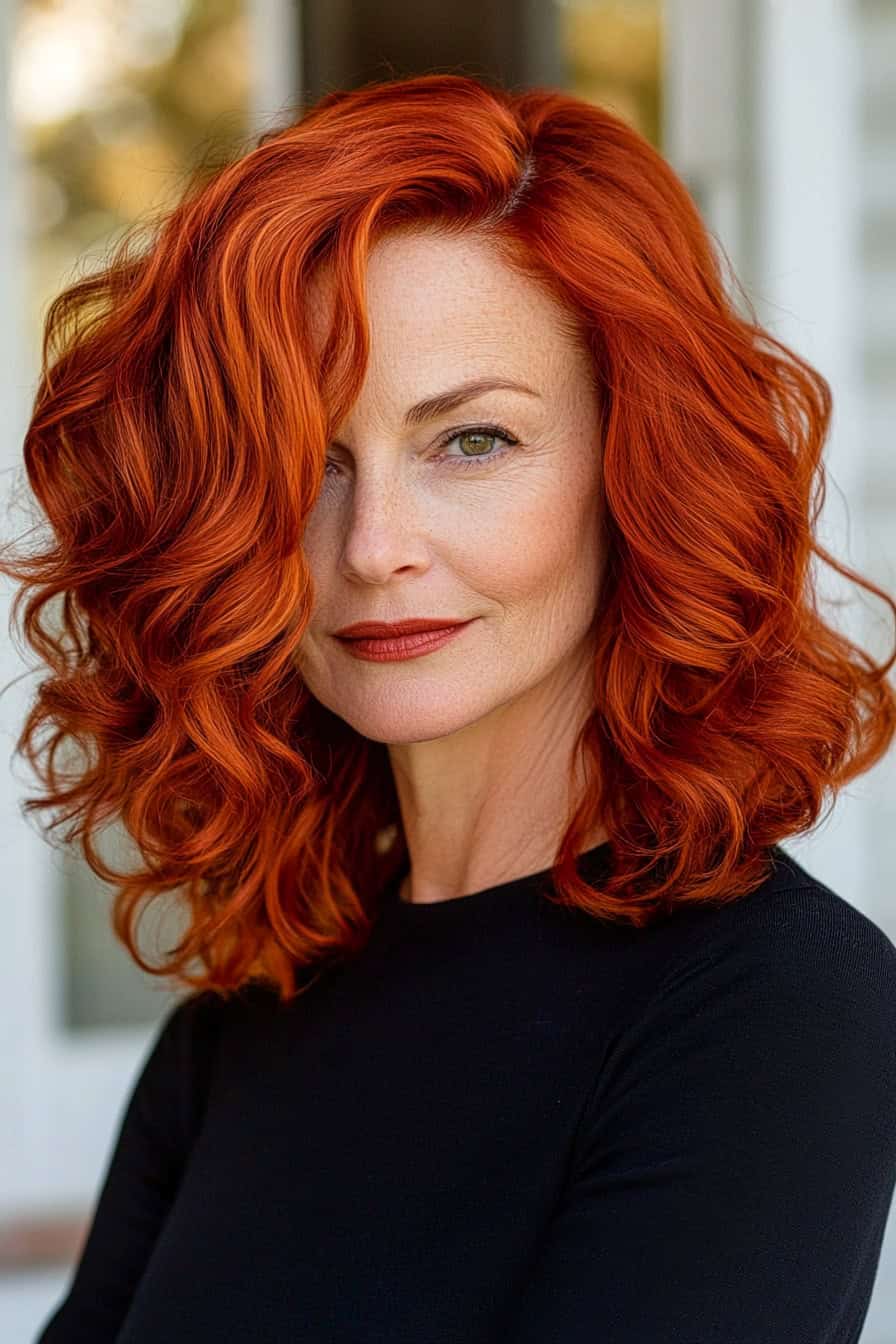 Woman with vibrant red curls styled in sweet shoulder-length curls, adding volume and framing her face beautifully.