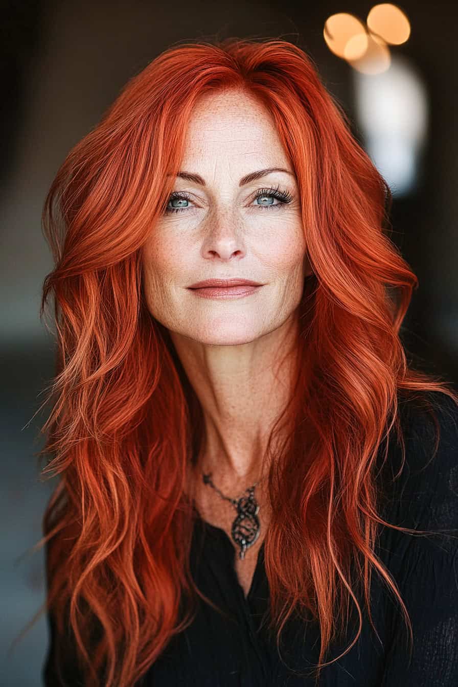 Woman with vibrant red locks styled in a trendy long shag with piecey ends, adding volume and a playful vibe.