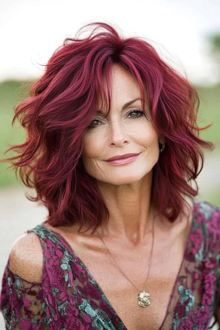 Woman with vibrant red waves styled in a carefree shag, adding natural texture and volume to her fine hair.