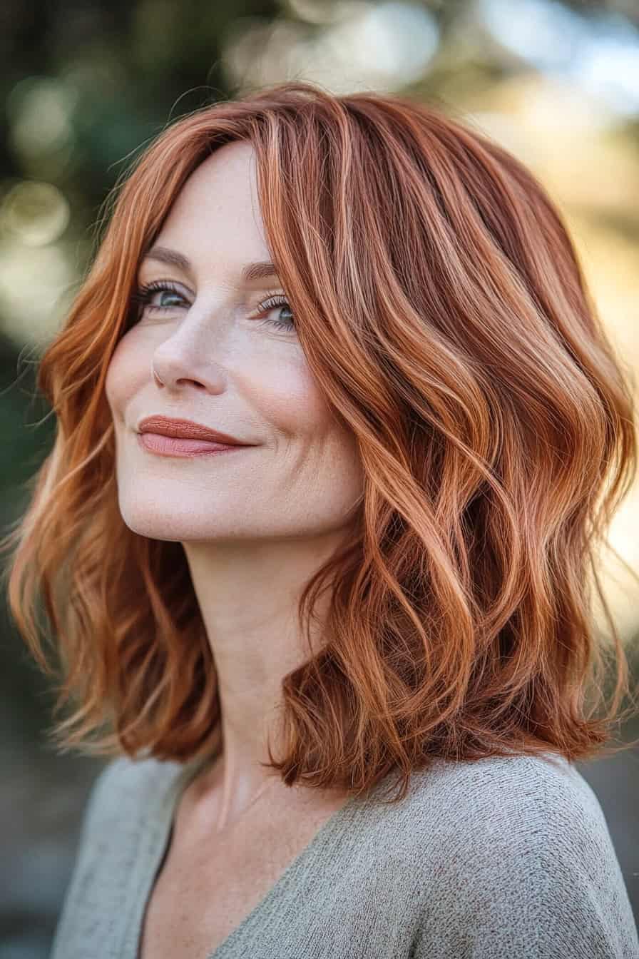 Woman with vibrant red wavy hair styled in a flowing lob, adding softness and volume to her fine hair.