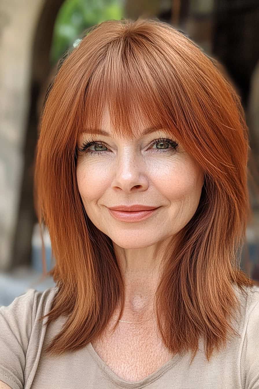 Woman with vibrant red and brown hair styled with a French fringe, adding freshness and volume to her fine hair.