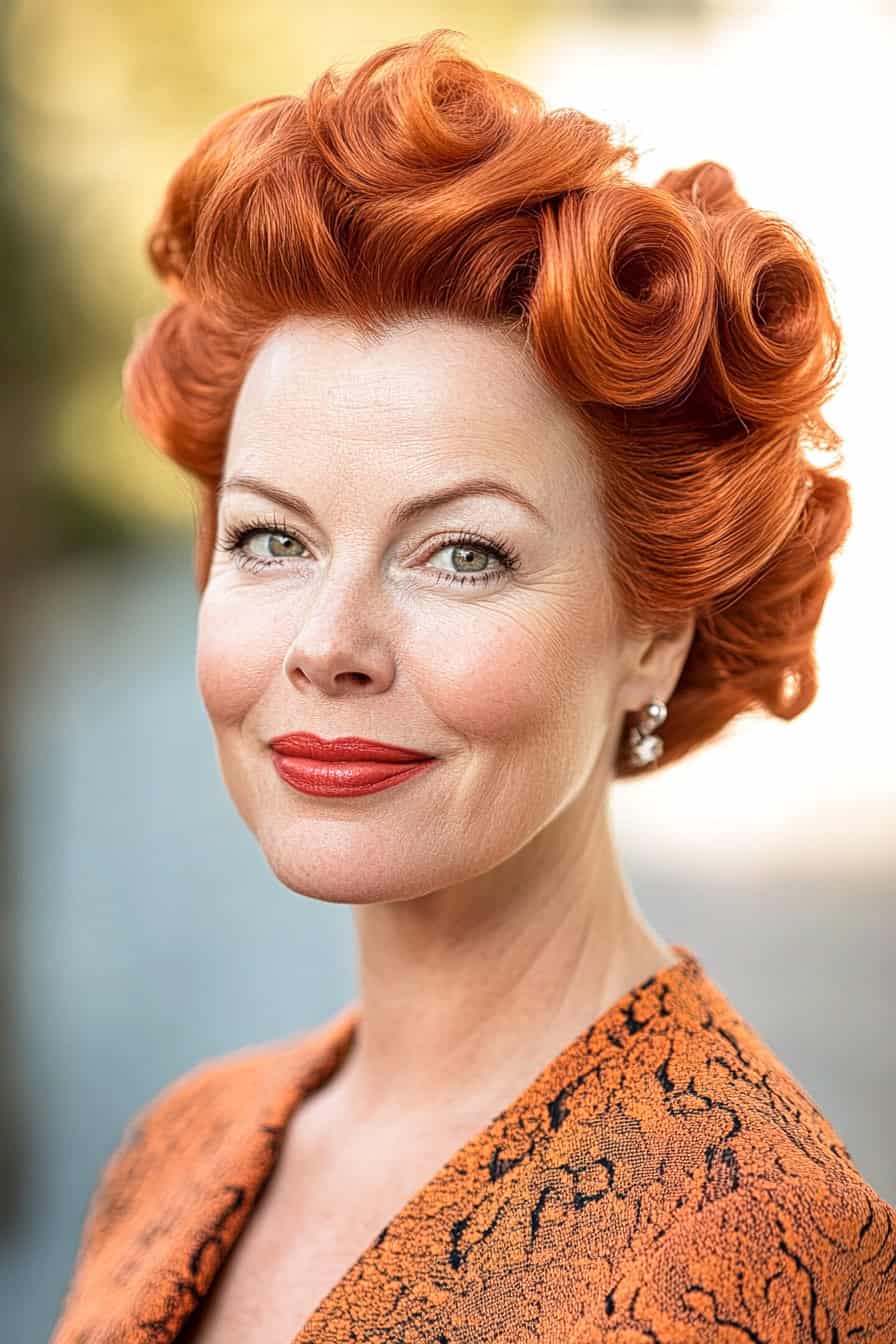 Woman with vintage red-orange curls styled in pin-up inspired victory rolls, adding a playful retro charm.