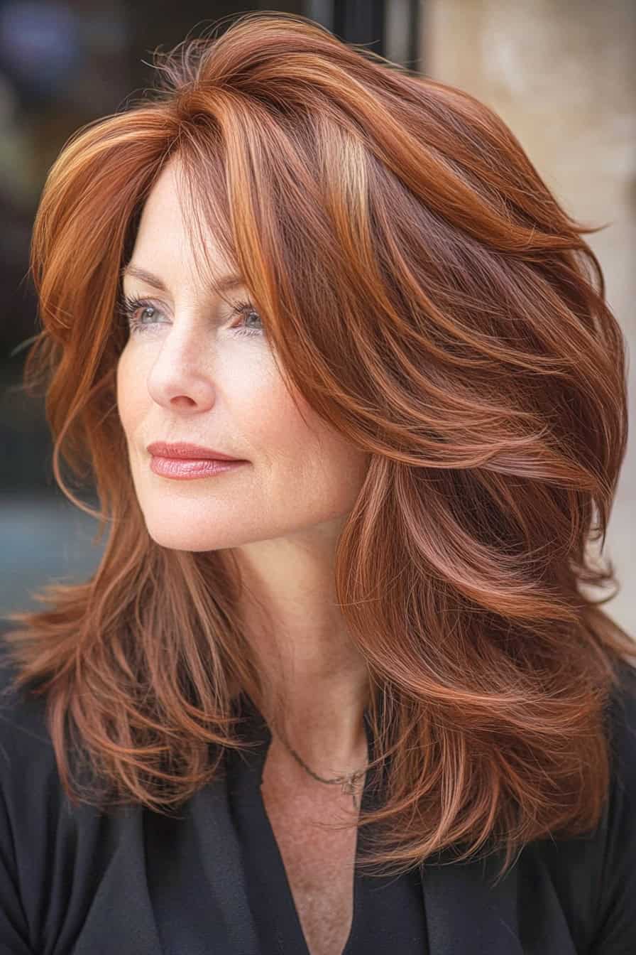 Woman with voluminous auburn caramel hair styled in a red carpet-inspired shag, adding glamour and volume to her fine hair.