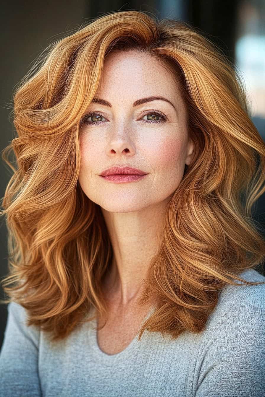 Woman with voluminous auburn hair styled in S-curls, adding depth and body to her fine hair.