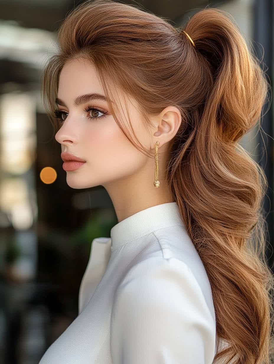 Woman with voluminous auburn waves styled in a glamorous high ponytail, ideal for oval faces.