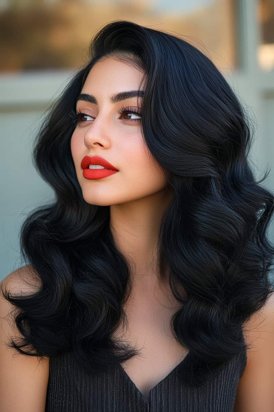 Woman with voluminous black waves styled in a vintage-inspired beach wave hairstyle, blending classic and retro elements.