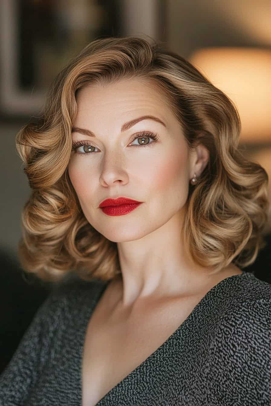 Elegant woman with voluminous curls, bold red lips, and stylish attire in warm indoor light.