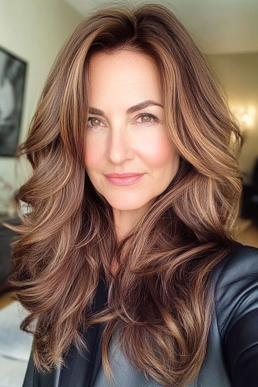 Woman with voluminous brown caramel hair, styled in rich chocolate brown tones, adding depth and dimension to her look.