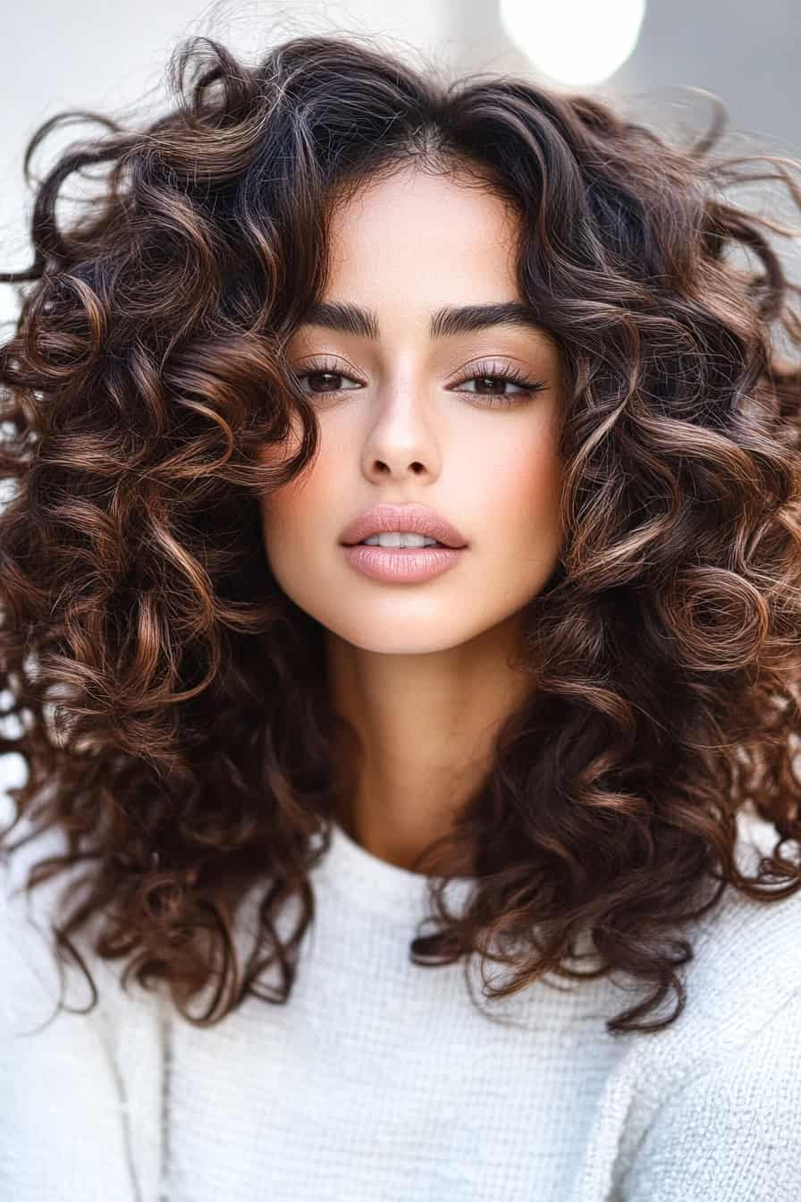 Voluminous curly hair frames a serene individual in a cozy light sweater, showcasing natural beauty.