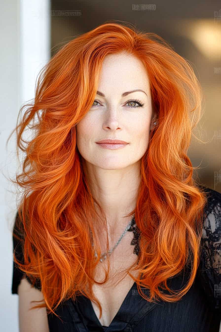 Woman with voluminous orange hair styled in asymmetrical long layers, adding volume and a bold, artistic edge.