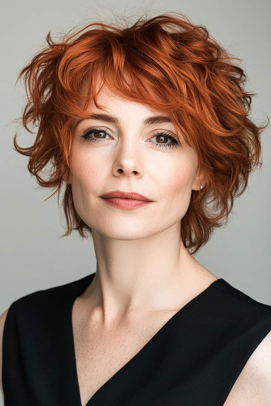 Woman with voluminous red curls styled in a shaggy brunette pixie cut, adding texture and movement.