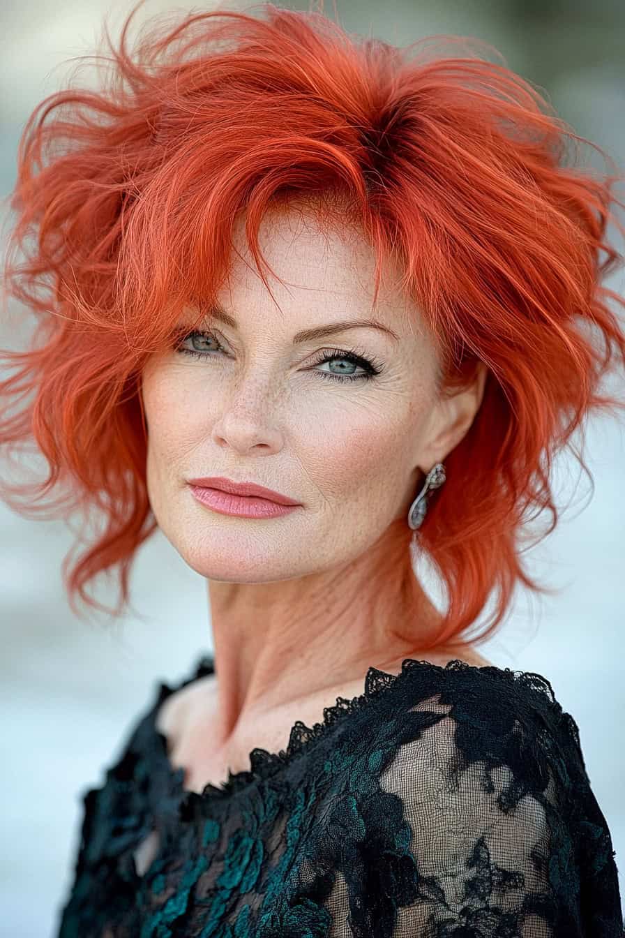 Woman with voluminous red hair styled in a wispy shag, adding a delicate and enchanting look to her fine hair.