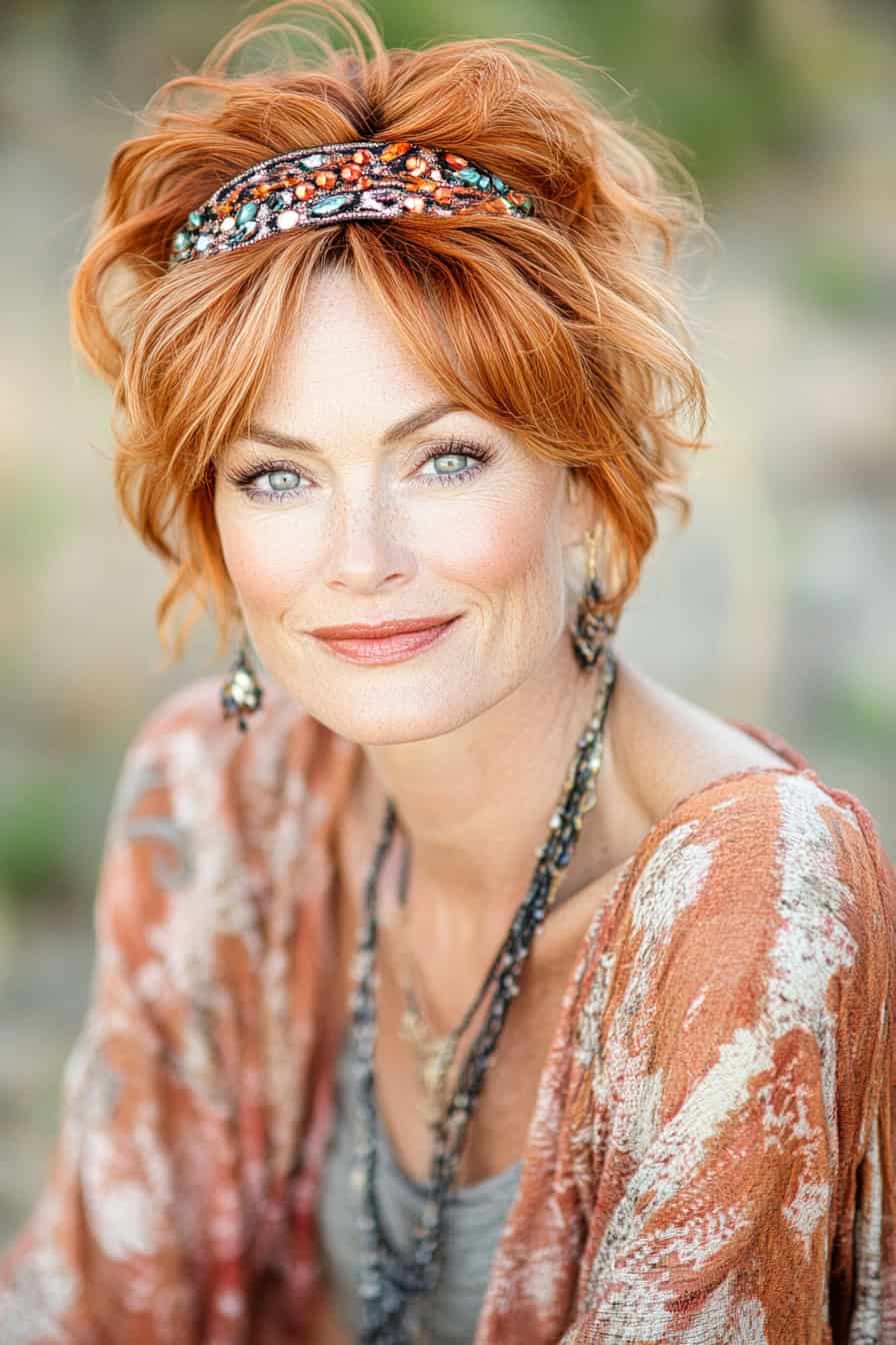 Woman with voluminous red locks styled with a stylish headband, enhancing her glasses and adding a chic finish to her look.