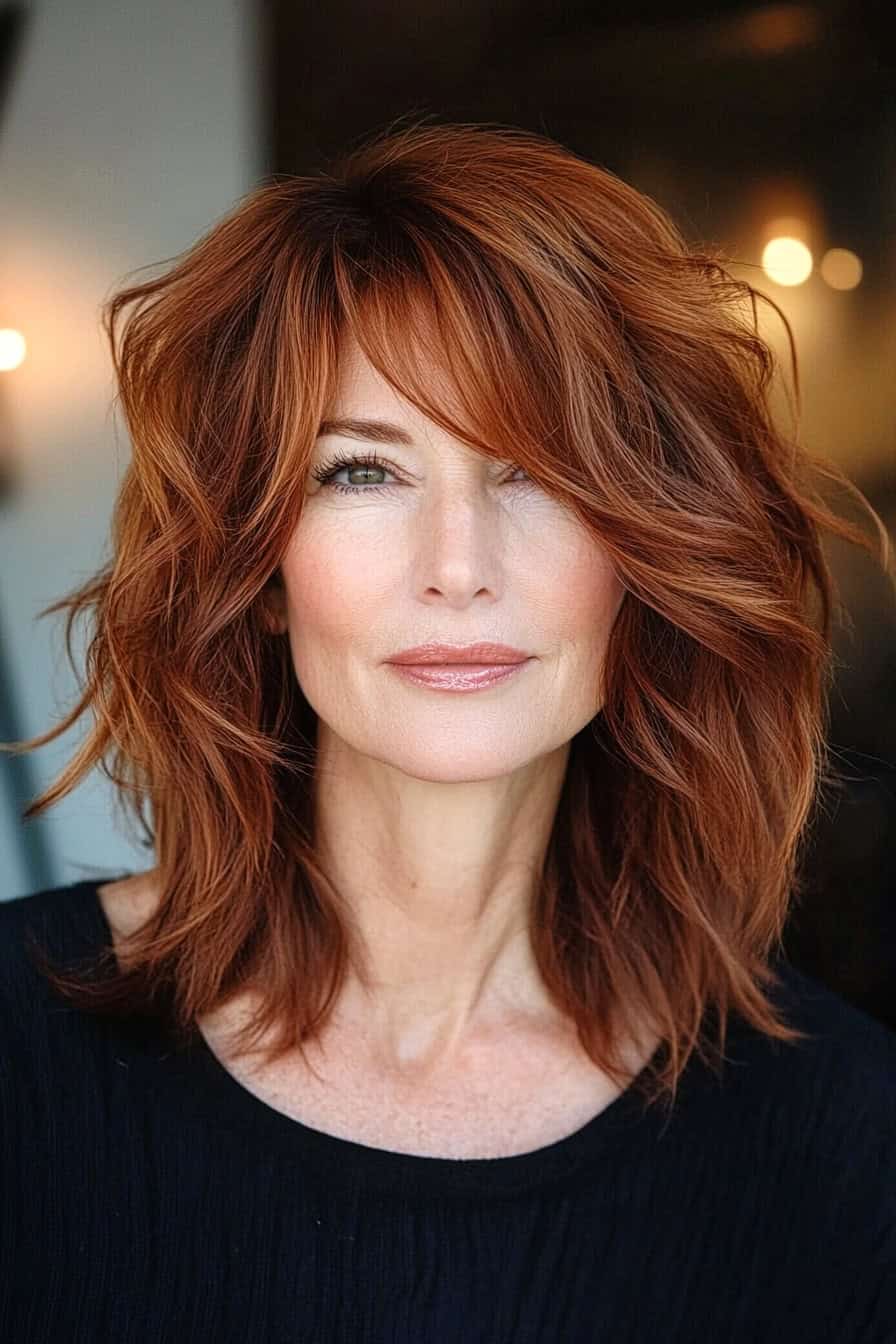 Woman with voluminous red waves styled in an asymmetrical shag, adding uniqueness and volume to her fine hair.