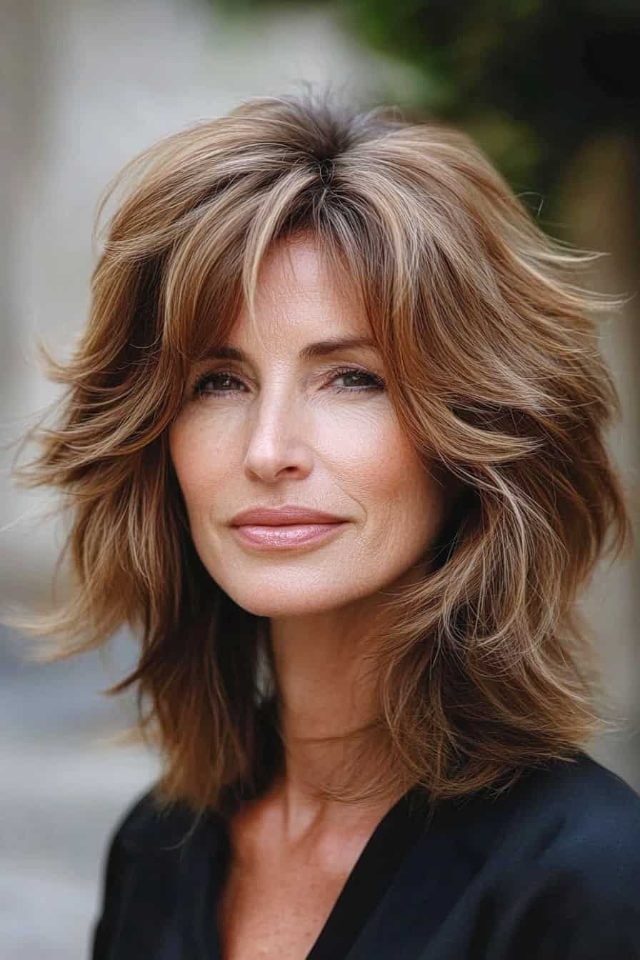 Woman with voluminous warm brown hair styled in an airy shag, adding natural volume and a relaxed vibe to her fine hair.