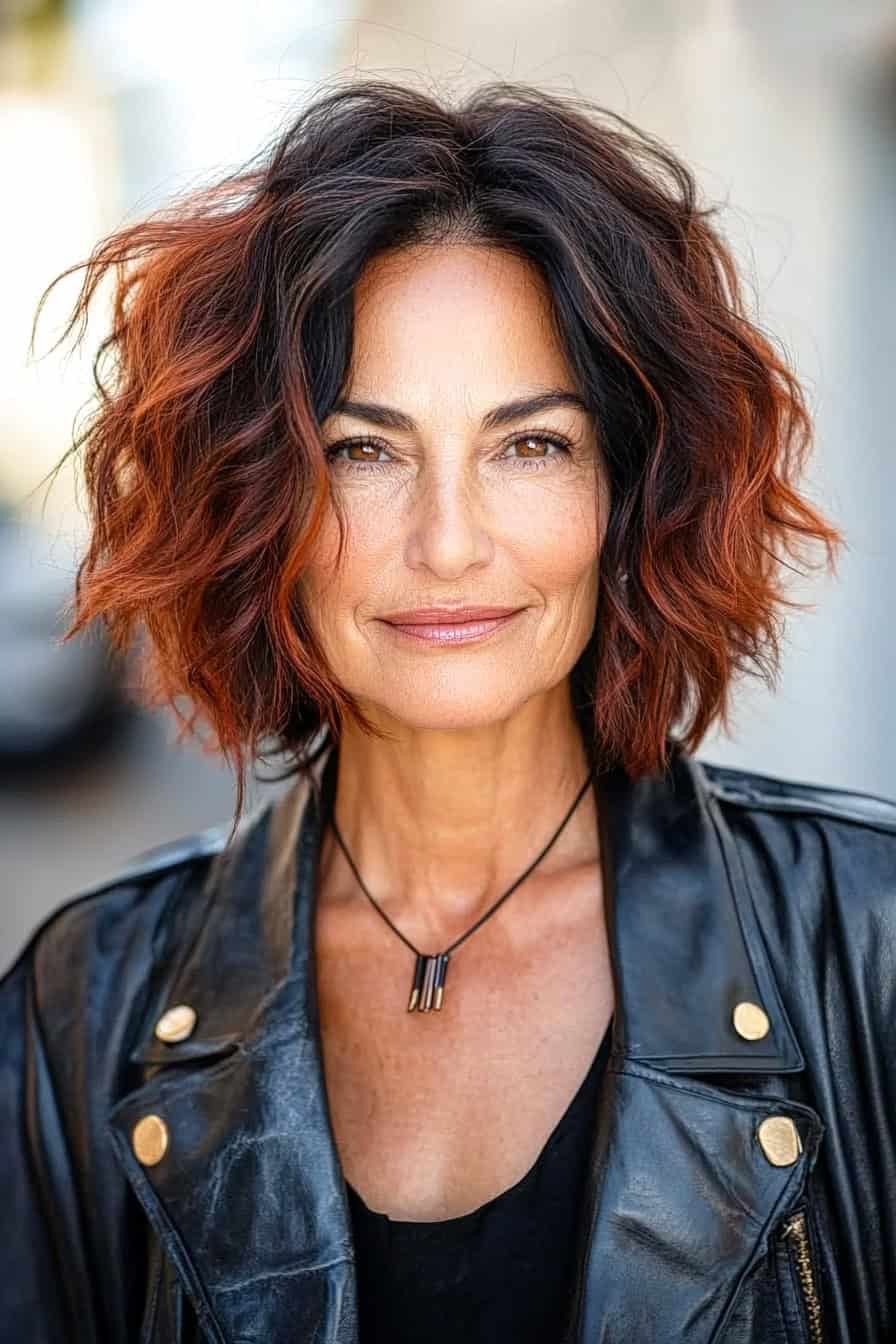 Woman with voluminous wavy hair in red tones styled in a versatile choppy bob with layers, enhancing volume and texture.