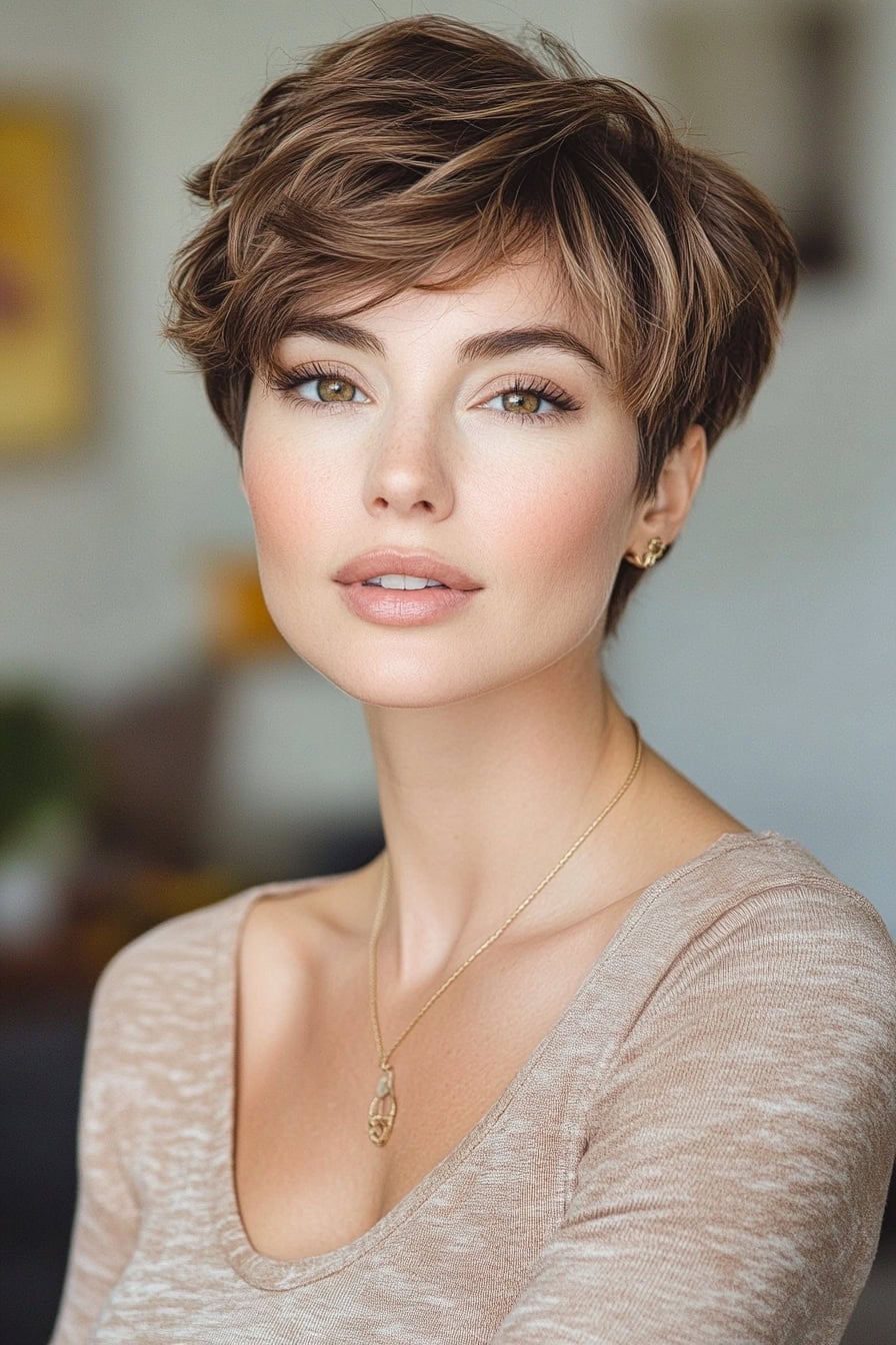 Woman with long pixie cut featuring subtle waves that add texture and softness to thick hair.